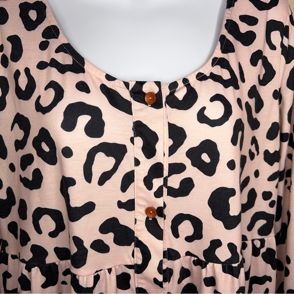 LARGE LEOPARD PRINT TUNIC DRESS TOP RUFFLE LONG SLEEVE STRETCH BLACK CREAM/PINK - Picture 4 of 12